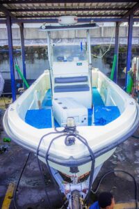 Motorboat stored in the Club boat area